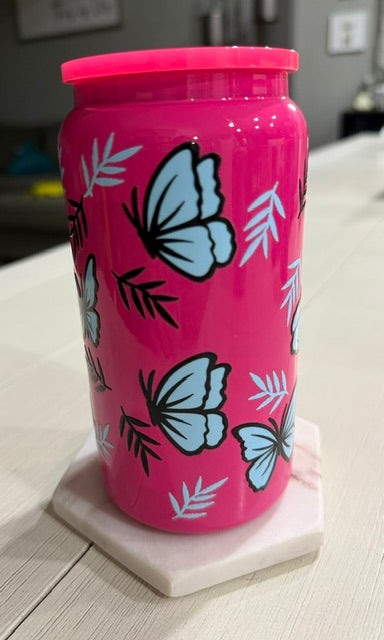 Hot Pink Butterfly Sipper - 16oz Insulated Tumbler